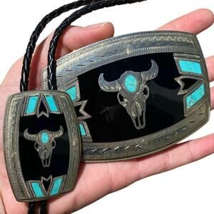 Vintage Johnson Held Buffalo Skull Stone Inlay Western Belt Buckle Bolo Tie Set